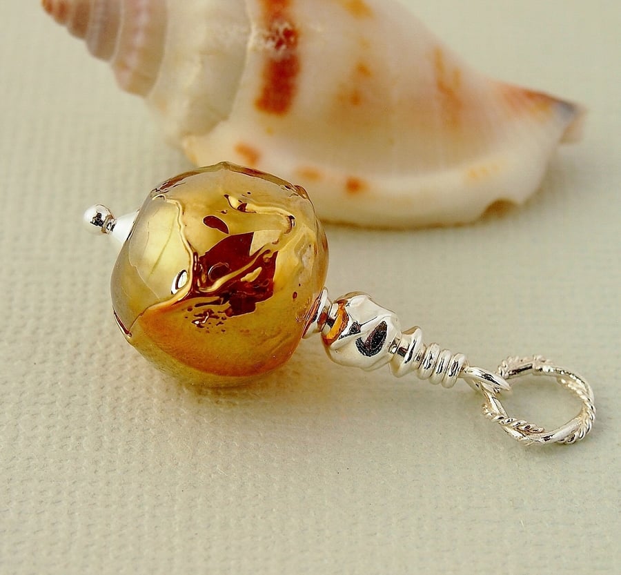 Gold Lampwork Glass Pendant - Sterling Silver