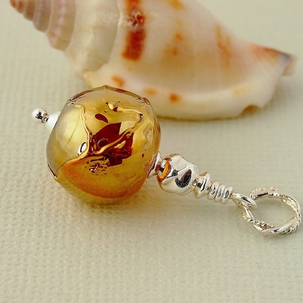 Gold Lampwork Glass Pendant - Sterling Silver