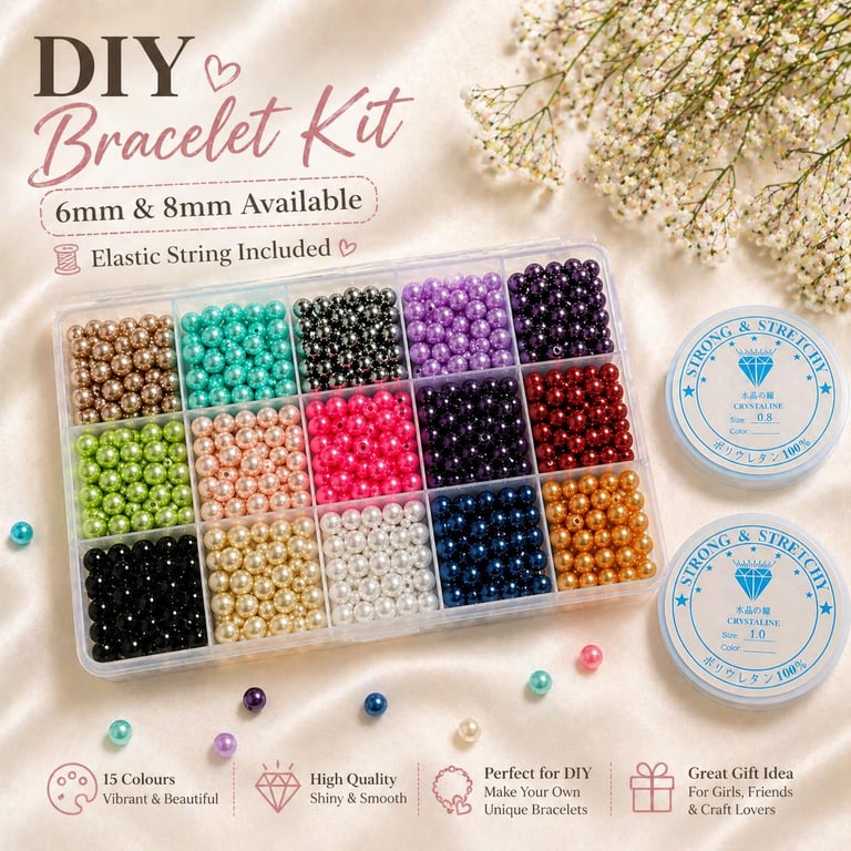 Glass Pearl Beads Bracelet making Kit, 6mm, 8mm with Elastic Cordes - DIY Jewell