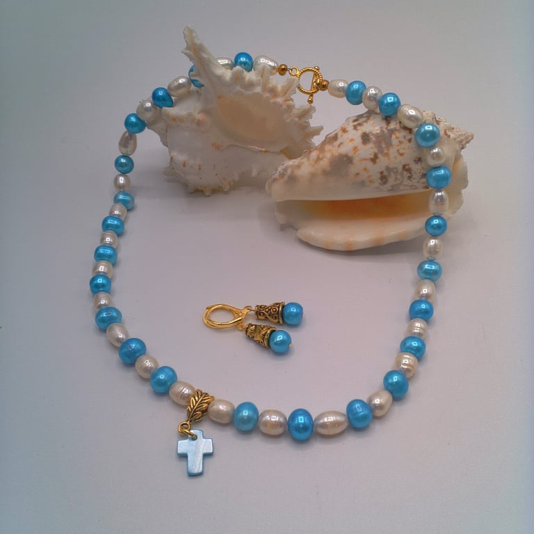 Blue and Cream Freshwater Pearl Jewellery Set With A Shell Cross, Gift Set