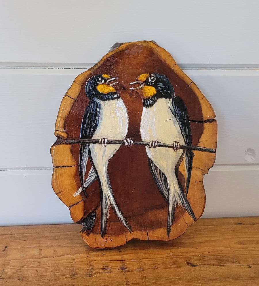 Wooden Plaque With Live Edge Depicting 2 Swallows Sitting On A Wire
