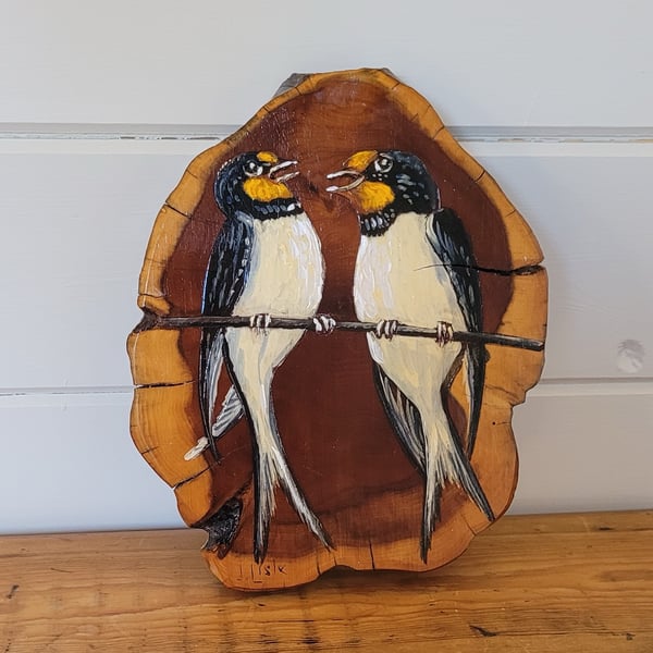 Wooden Plaque With Live Edge Depicting 2 Swallows Sitting On A Wire