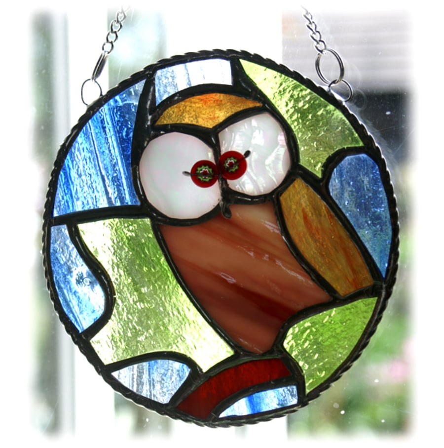 Owl Ring Suncatcher Stained Glass  Toowit Toowoo Handmade