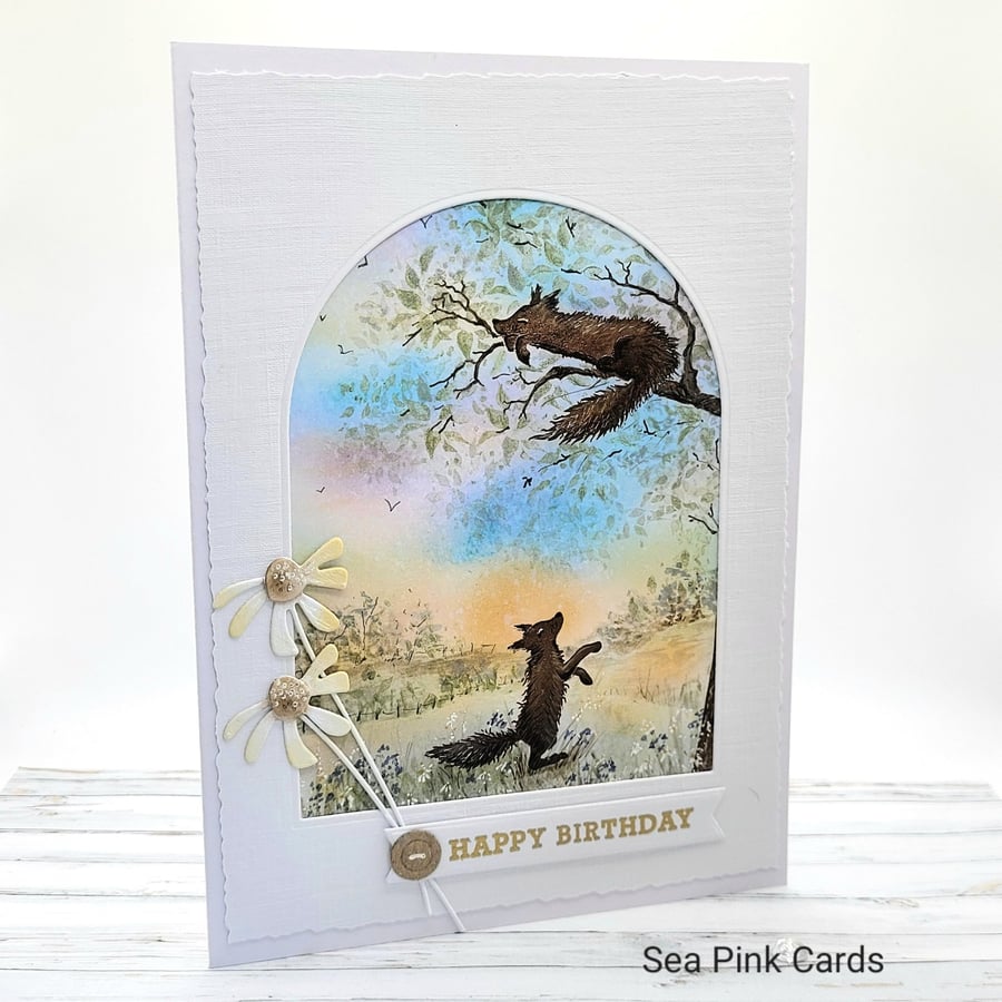 Birthday card- fox, daisy, sunset, textured