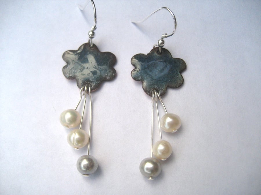 Welsh raincloud dangly enamelled earrings with freshwater pearls