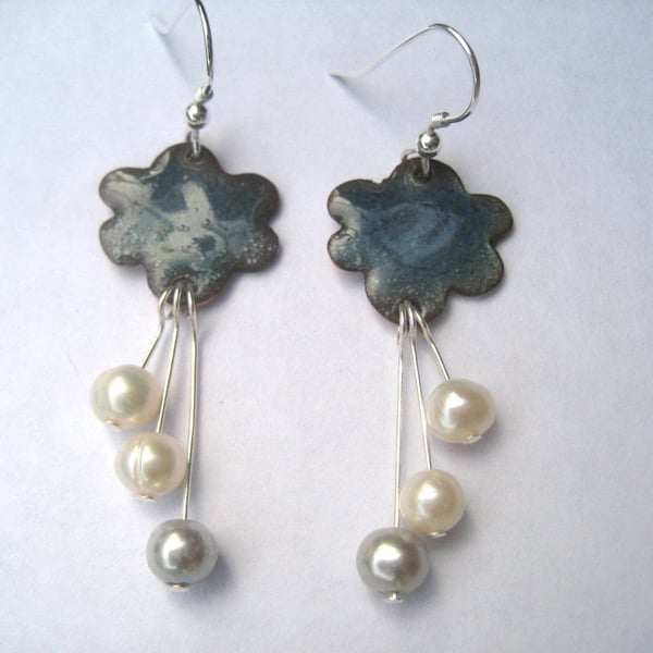Welsh raincloud dangly enamelled earrings with freshwater pearls