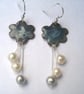 Welsh raincloud dangly enamelled earrings with freshwater pearls