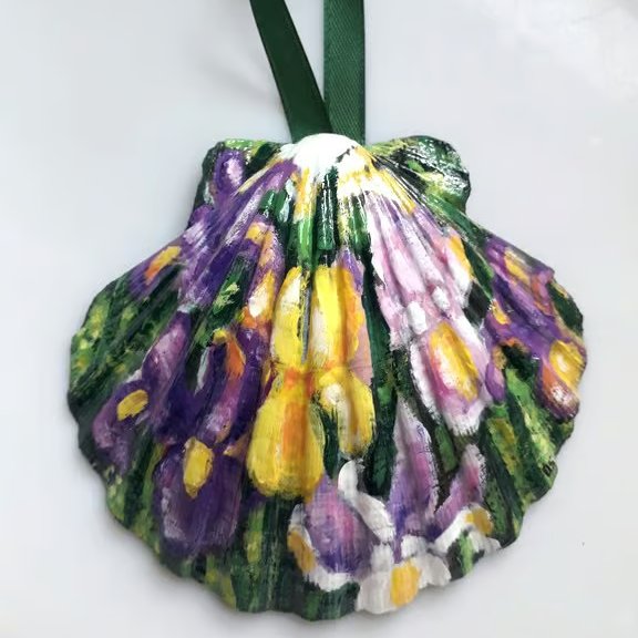 Handpainted "mixed Iris" king scallop shell Wall hanger 