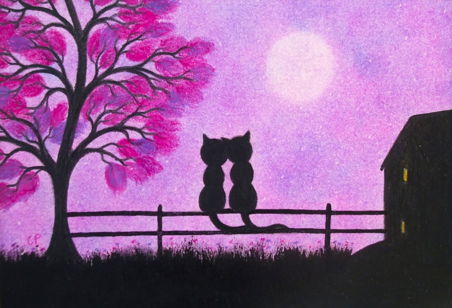 Cat Card, Romantic Moon Card, Two Black Cats, Love Art, Engagement, Anniversary