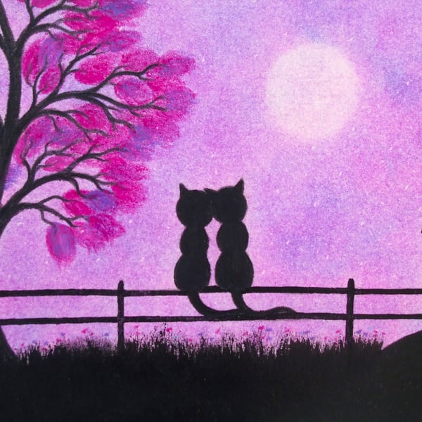 Cat Card, Romantic Moon Card, Two Black Cats, Love Art, Engagement, Anniversary