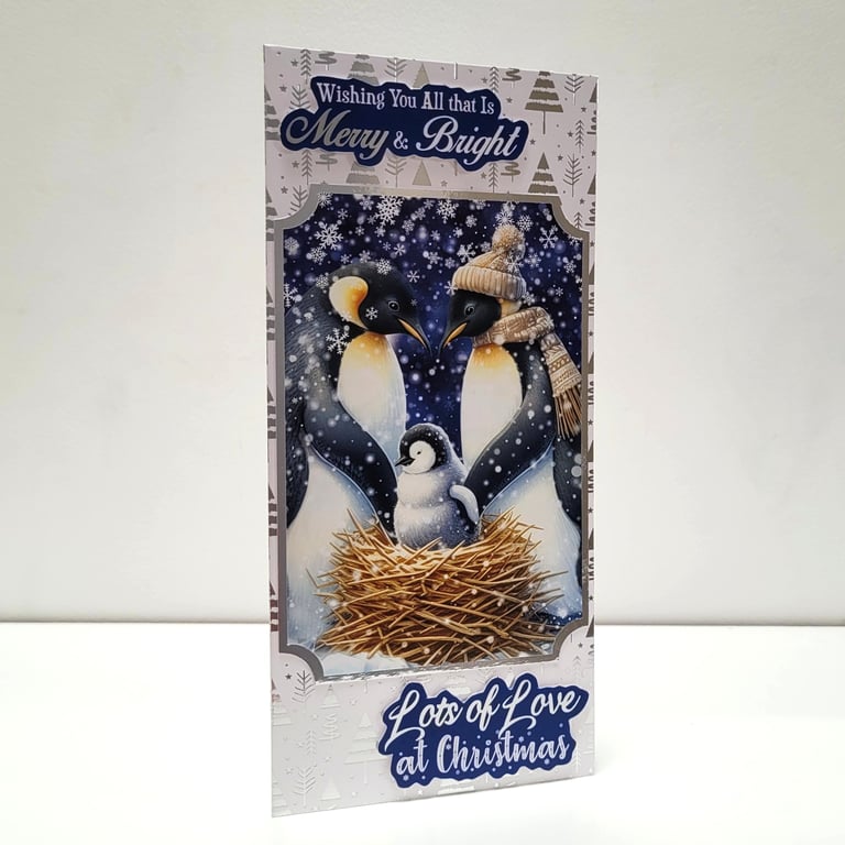 Tall Slimline Christmas Card - Penguin Family Illustration - Merry & Bright 
