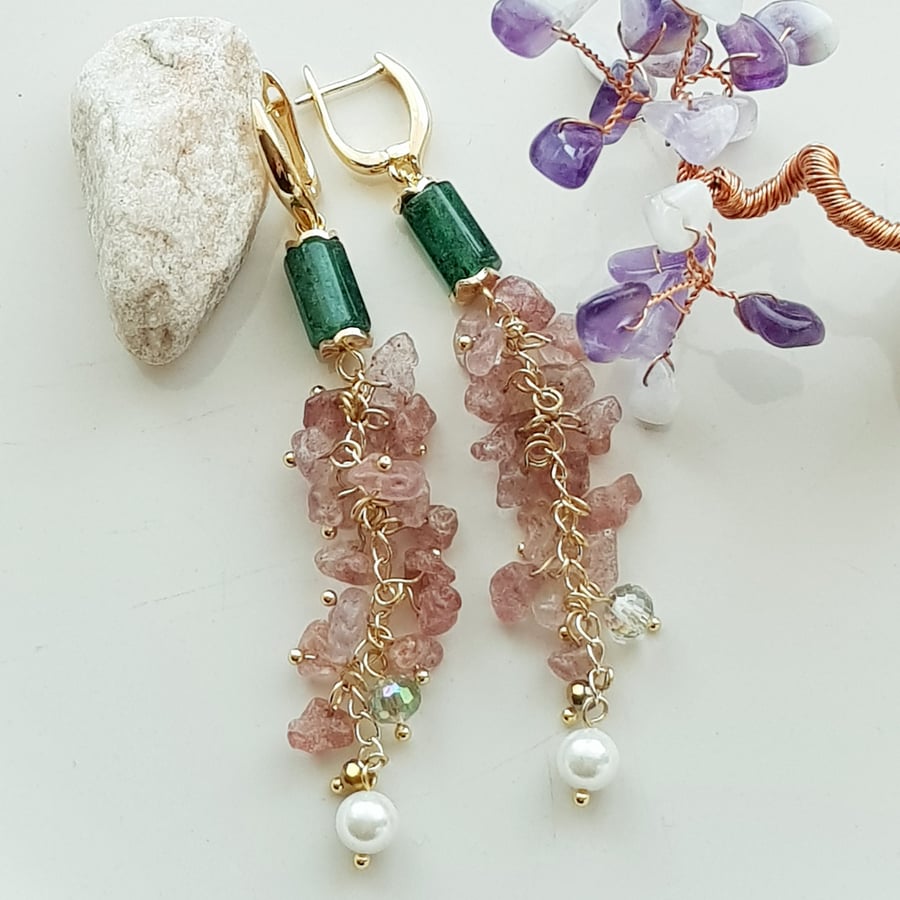 Dangle earrings with green and rose quartz beads, handmade drop earrings