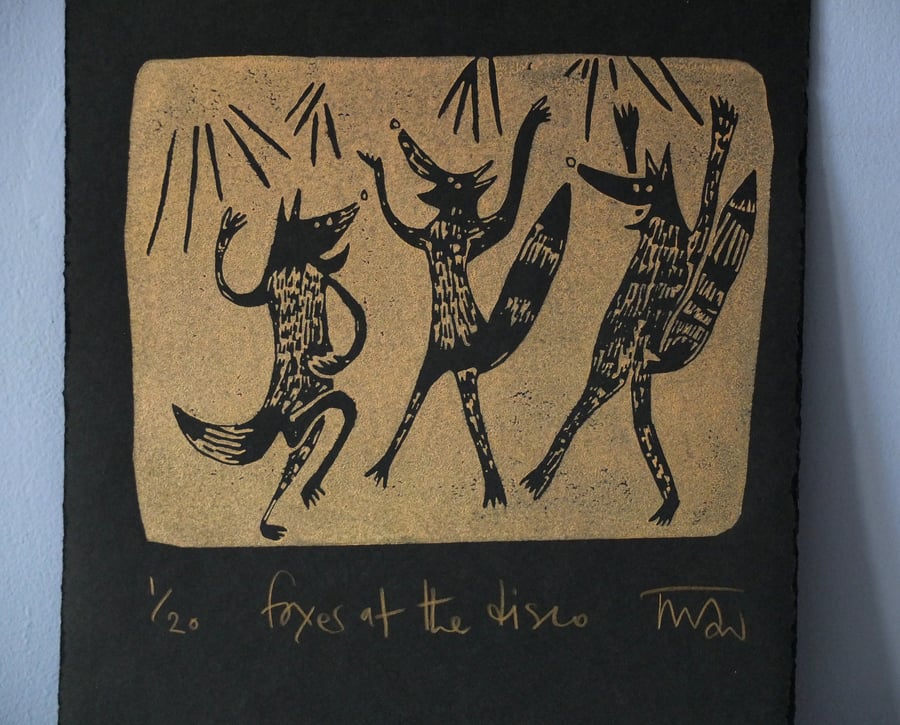 Foxes at the disco - copper lino print