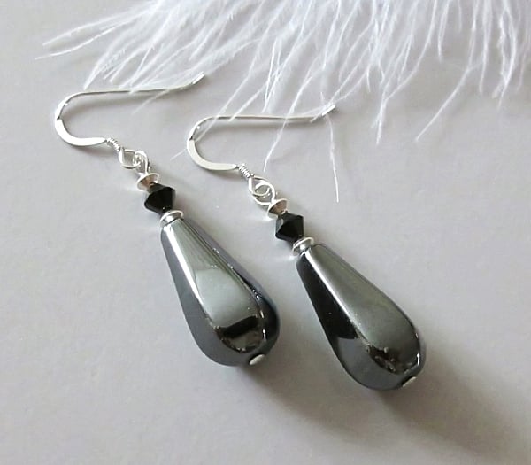 Non Magnetic Hematite Earrings With Sterling Silver & Premium Crystals