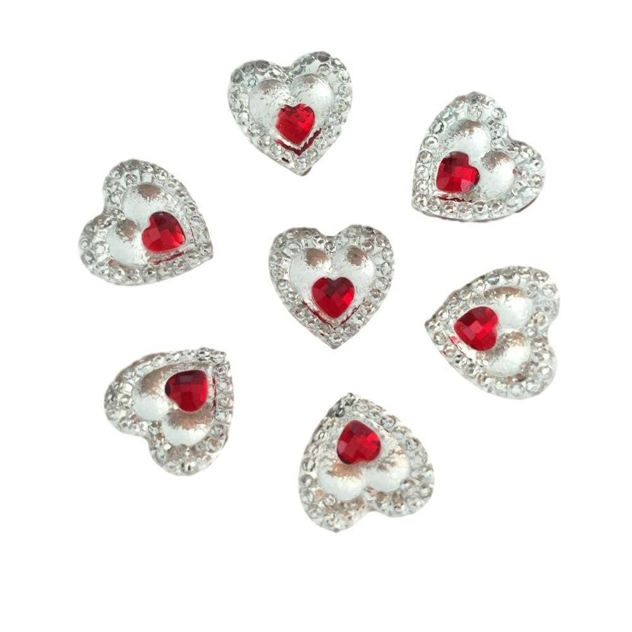 40 x Clear Heart Resin Cabochon Crystals With Mini Red Heart Center Card Making 