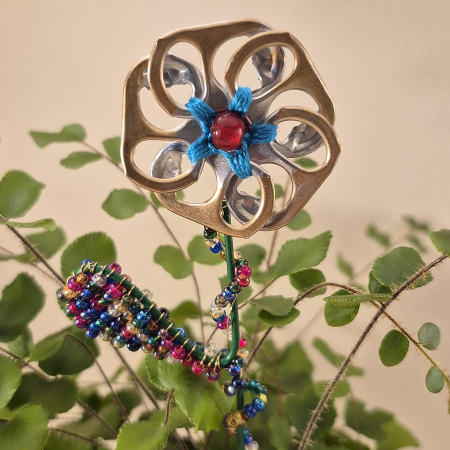 Gold, silver, blue & red flower plant companion perfect for pot plants