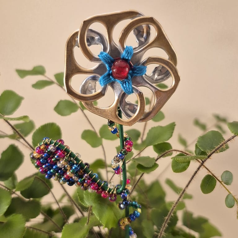 Gold, silver, blue & red flower plant companion perfect for pot plants