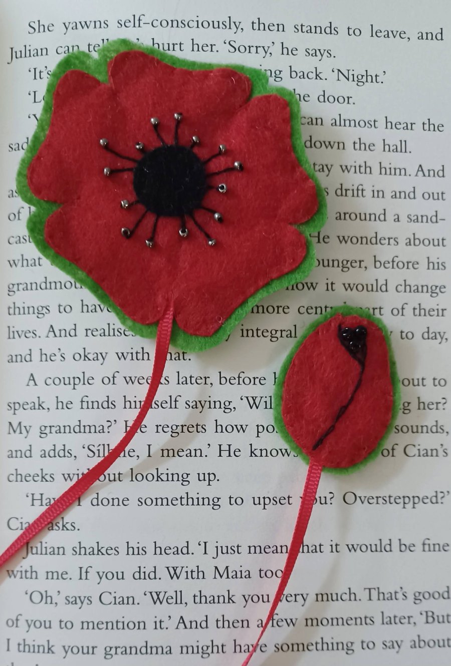 Hand Sewn Red and Green Felt Poppy Bookmark
