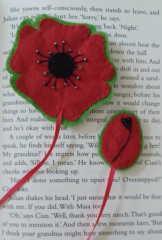 Hand Sewn Red and Green Felt Poppy Bookmark