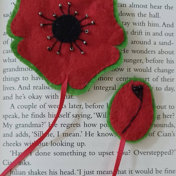Hand Sewn Red and Green Felt Poppy Bookmark