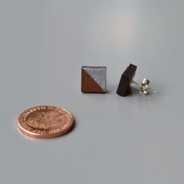 Wooden Square Ear Studs with Silver Leaf