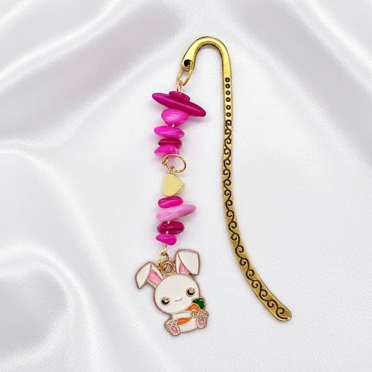 Easter Bunny Bookmark, with Shell Chip beads and gold tone metal hook.