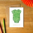 New Baby Greetings Card – Green Romper Spring Design