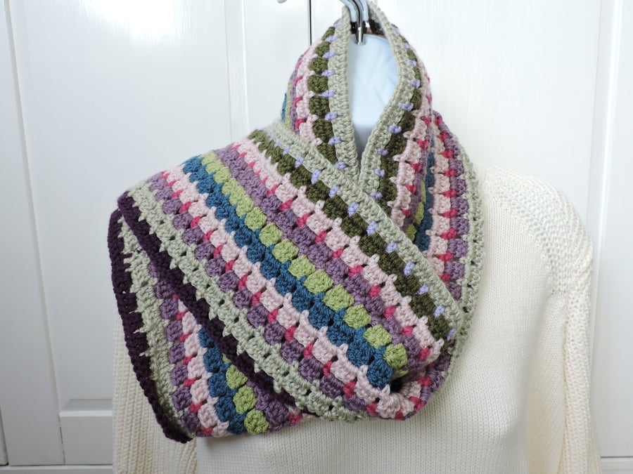 CLEARANCE SALE Crochet Infinity Scarf Greens Pinks Purple Lilac Teal