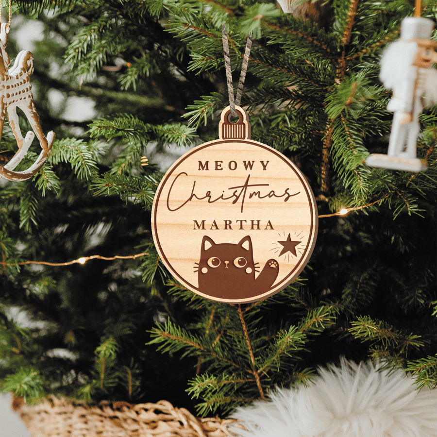 Meowy Christmas Bauble - Cat Themed Xmas Decor Gift, Personalised Name, Cat Gift