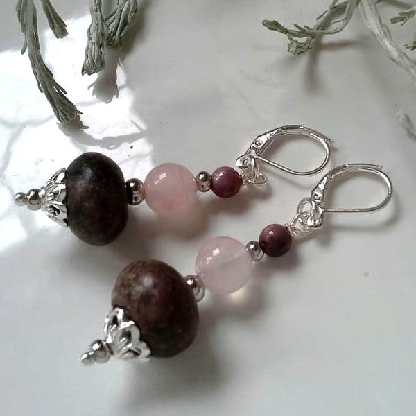 Charoilite, Ruby & Rose Quartz Earrings Silver Plated