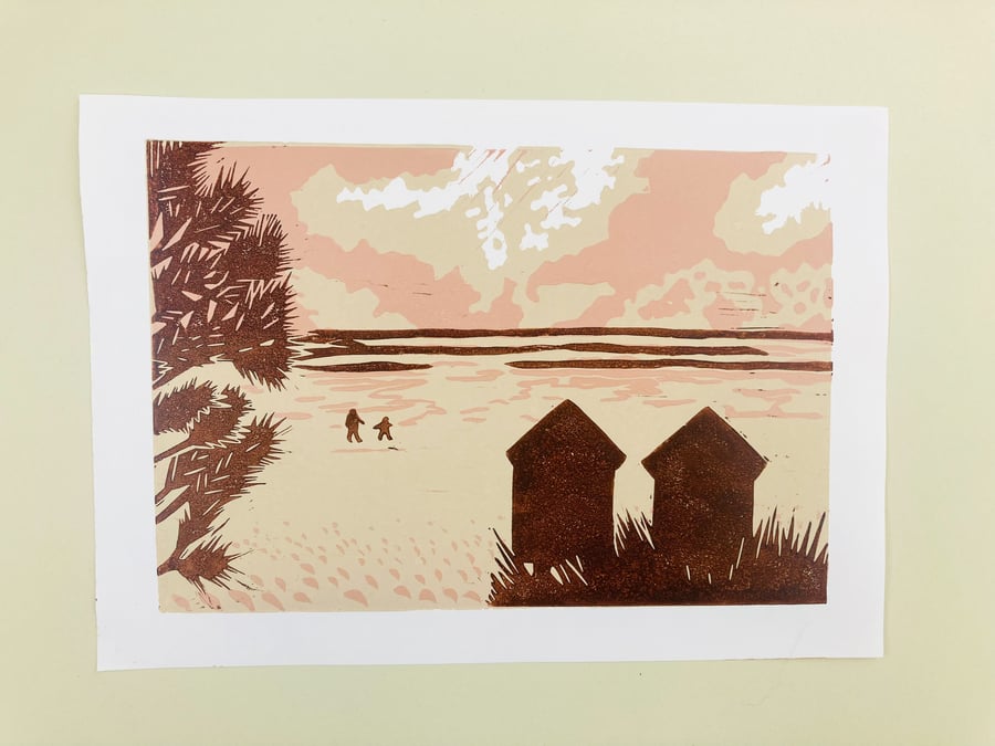 Wells-Next-The-Sea Lino Print, Beach Print, Hand Printed, Evening Colours, handp