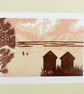 Wells-Next-The-Sea Lino Print, Beach Print, Hand Printed, Evening Colours, handp - Image 1