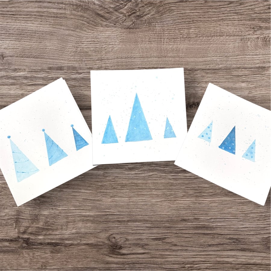 Set of 3 unique hand painted Christmas tree watercolour art greeting cards 