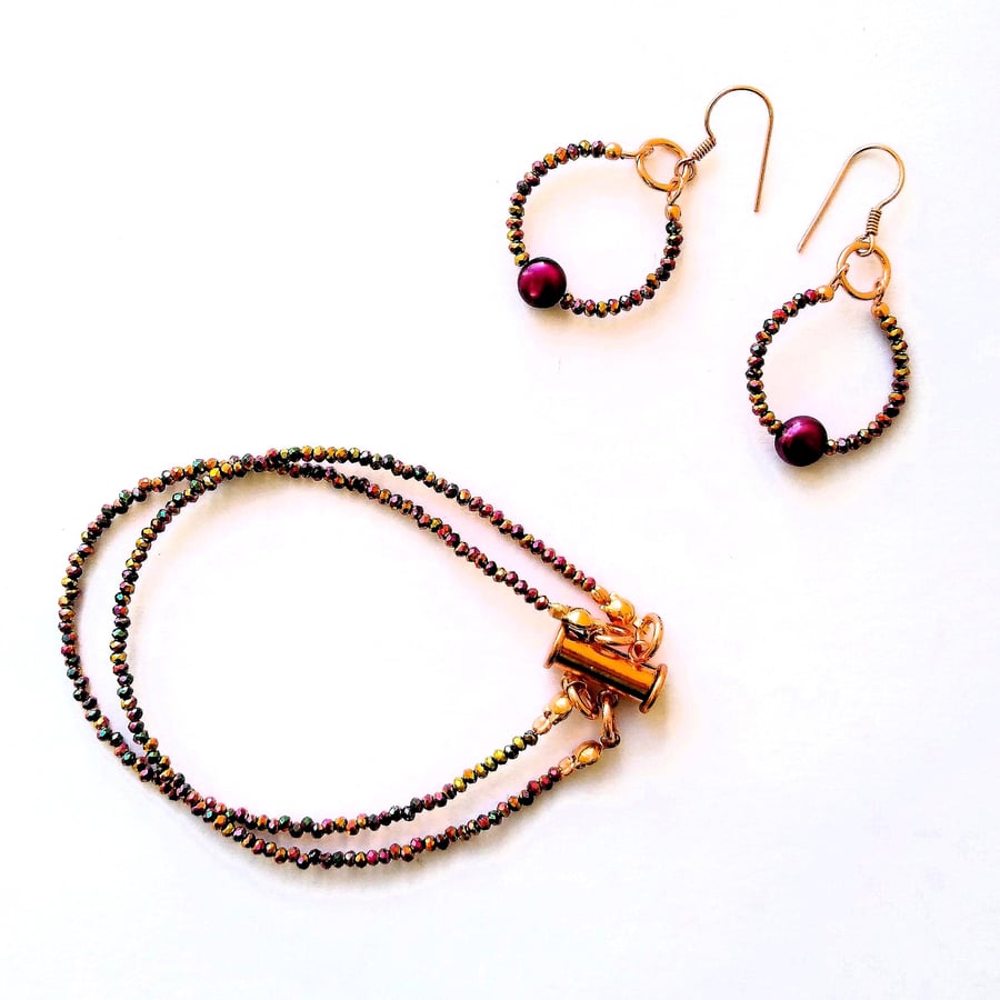 Metallic Crystal  & Pearl Set Of Two Strand Bracelet and Crystal Hoop Earrings