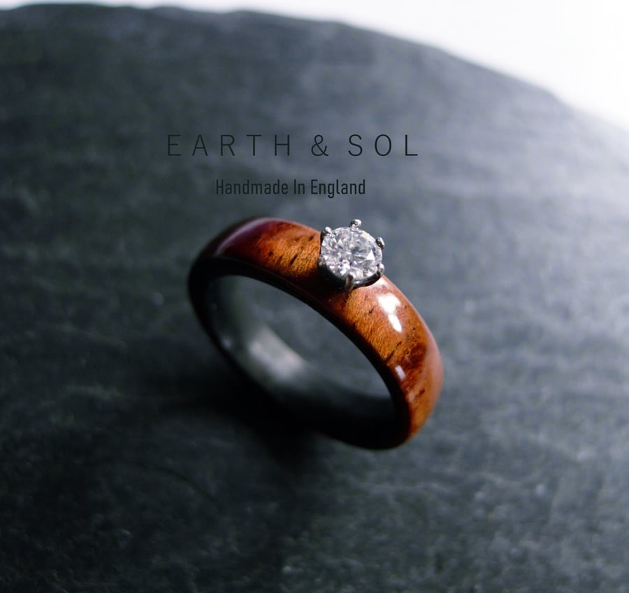 Wood Engagement Ring. Moissanite Diamond Ring Koa Wood Band. Women's Rings.