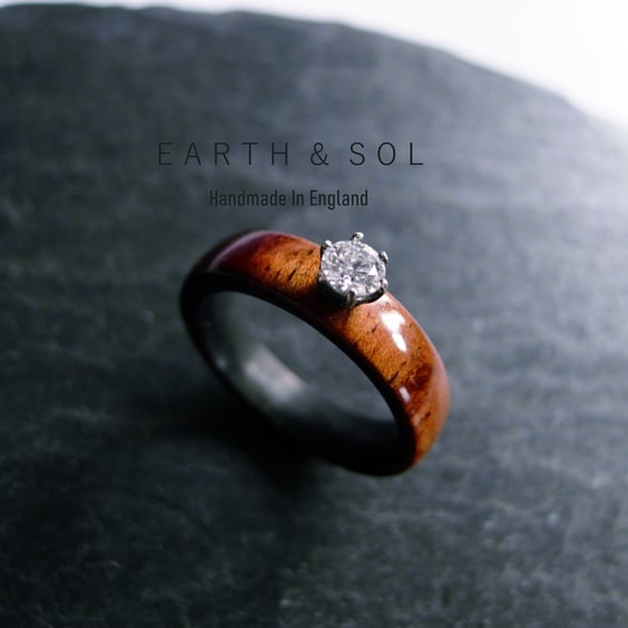 Wood Engagement Ring. Moissanite Diamond Ring Koa Wood Band. Women's Rings.
