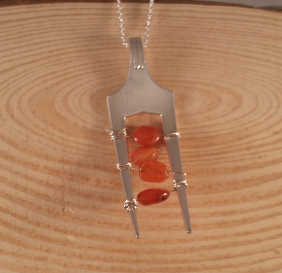 Silver Plated Upcycled Carnelian Chip Fork Necklace SPN111601