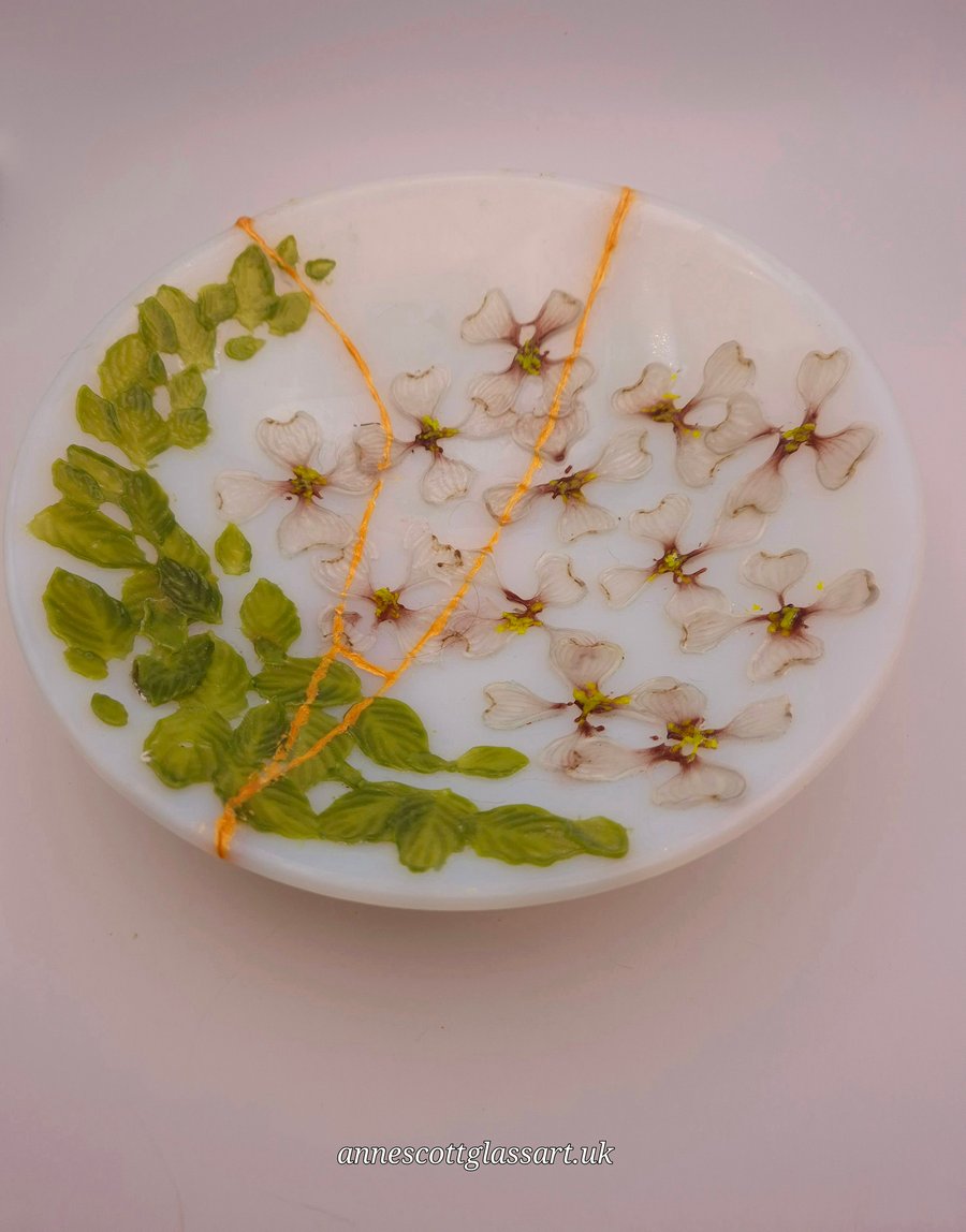 Unique Handmade Fused Glass Bowl "Dogwood" with Kintsugi repair