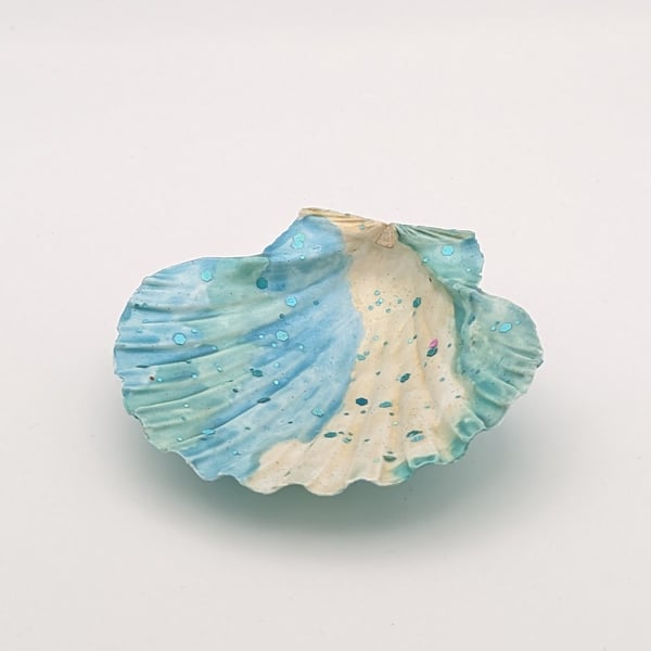 Blue Cream Wave Pattern Glitter Finished Scallop Shell Jewellery Trinket Dish