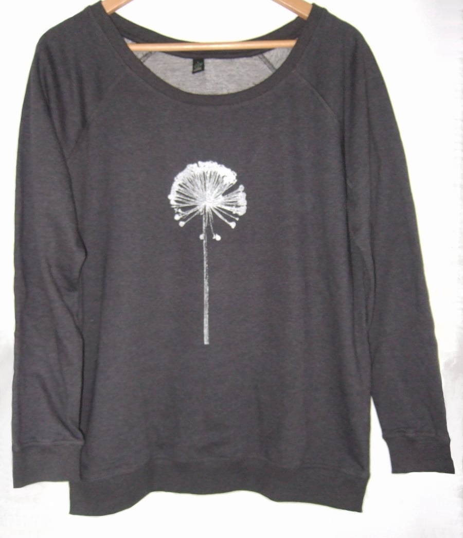  Womens Dark grey organic cotton raglan jumper silver Allium print