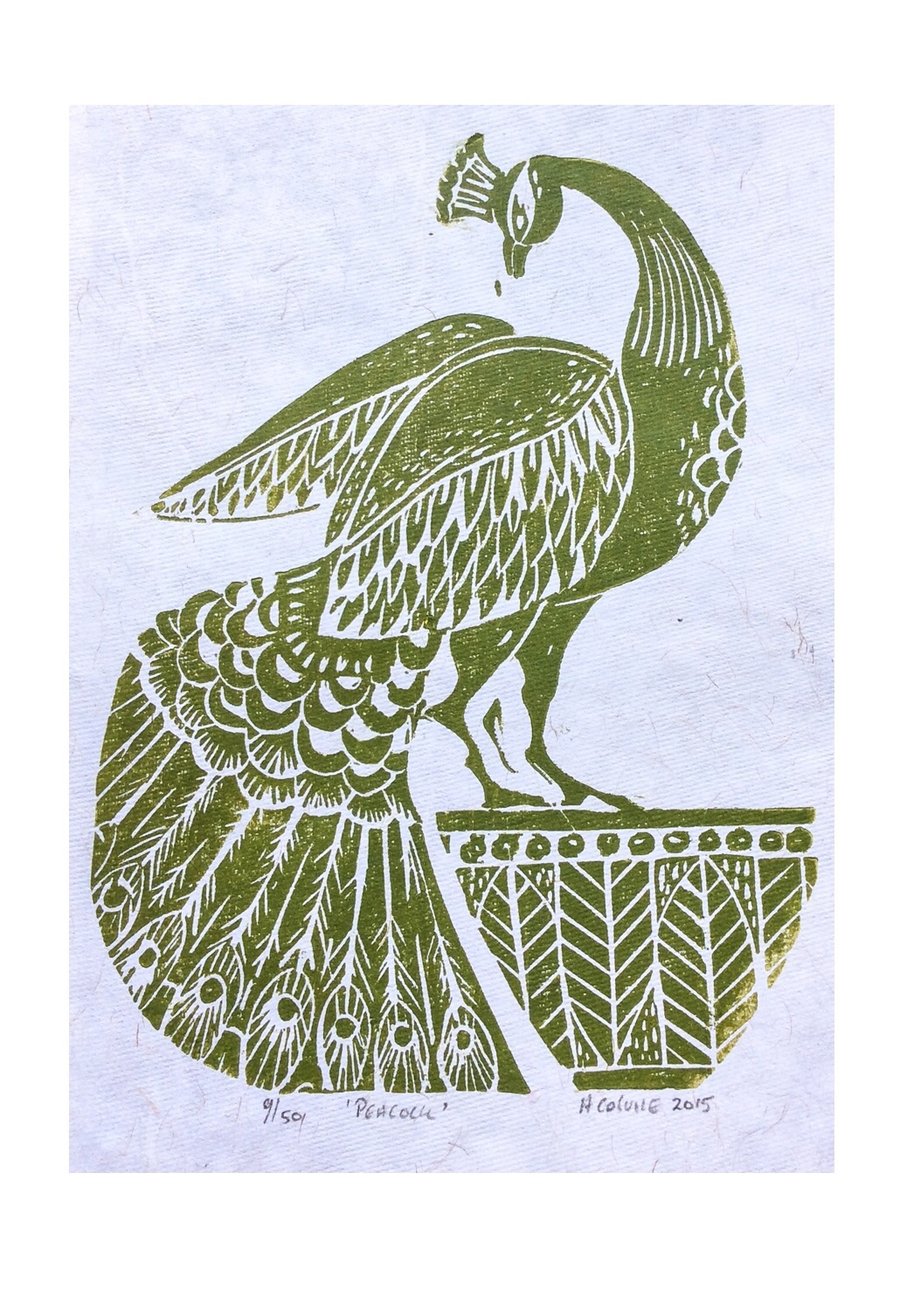 Peacock Lino Block Print Green PRINT SALE Folksy