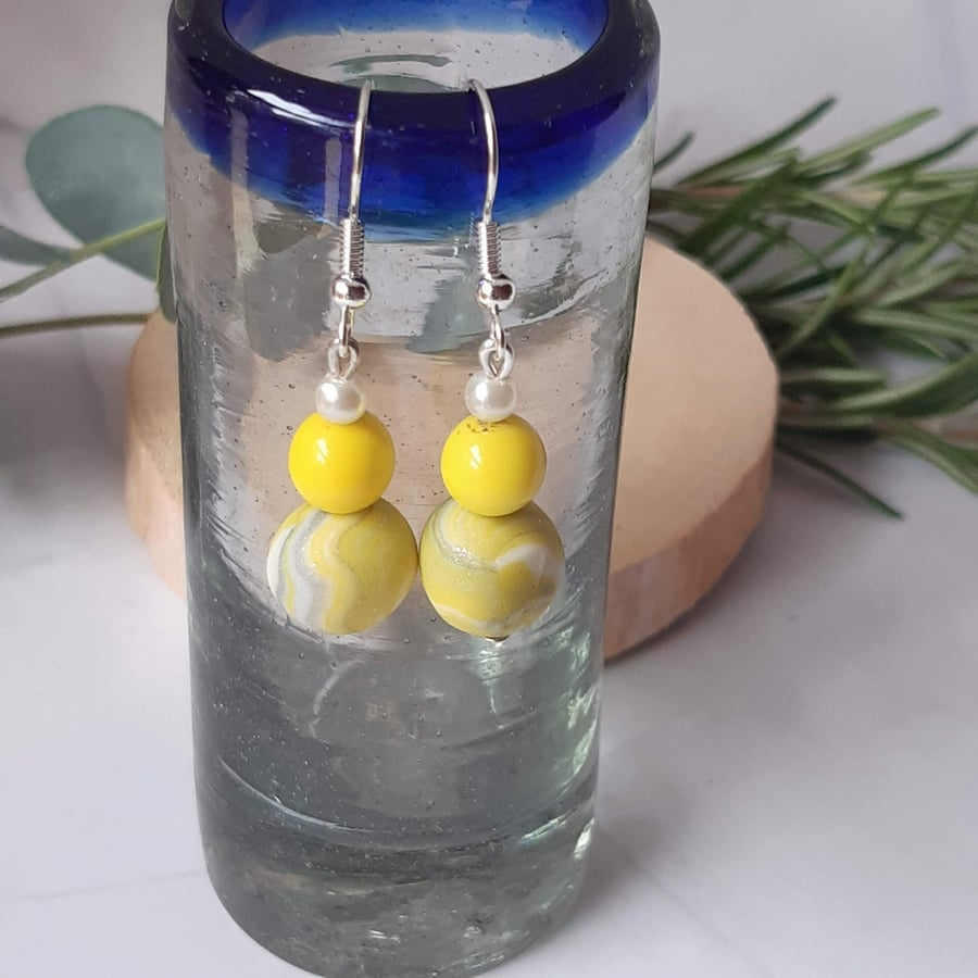 Lemon yellow and white dangly polymer clay earrings  