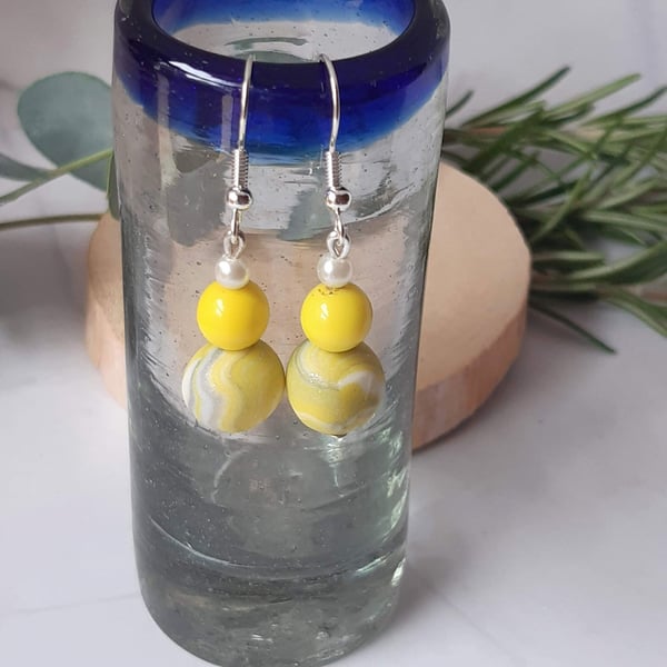 Lemon yellow and white dangly polymer clay earrings  