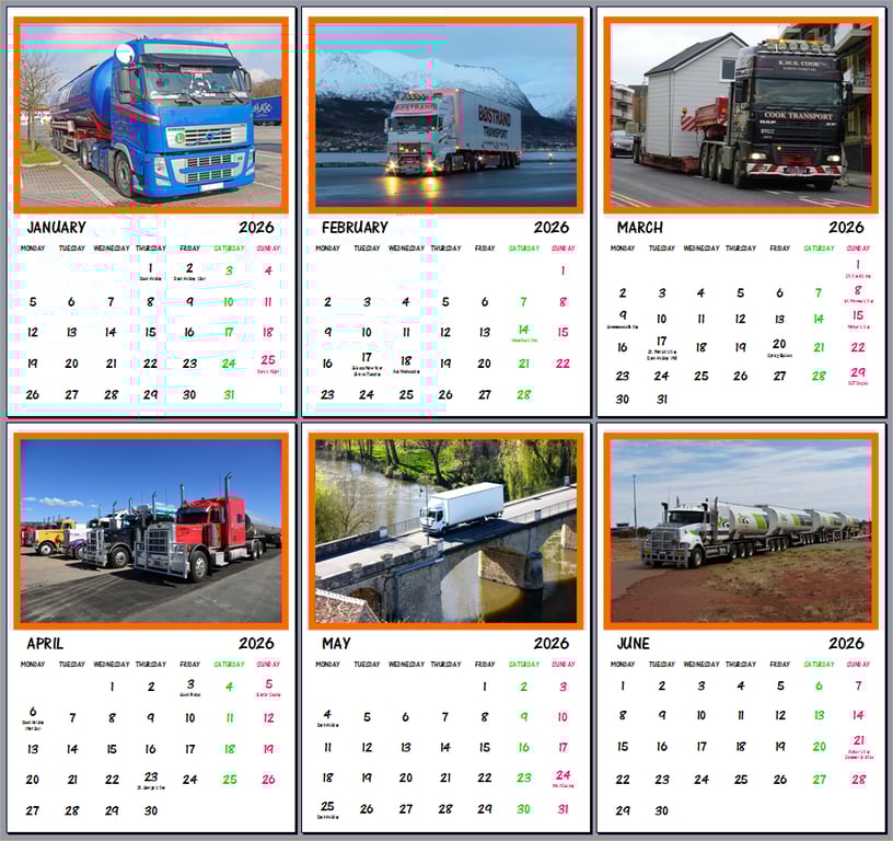 2026 A4 Calendar Trucks Themed  