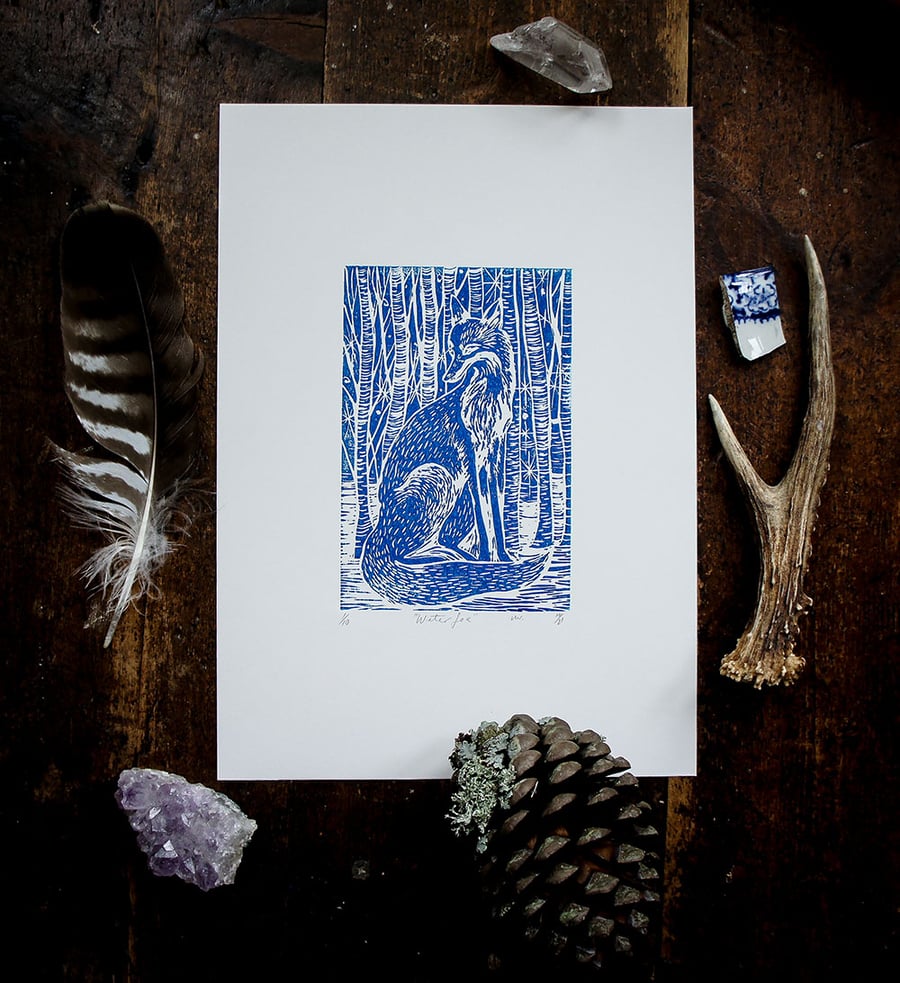 Winter Blue Fox Linocut Print