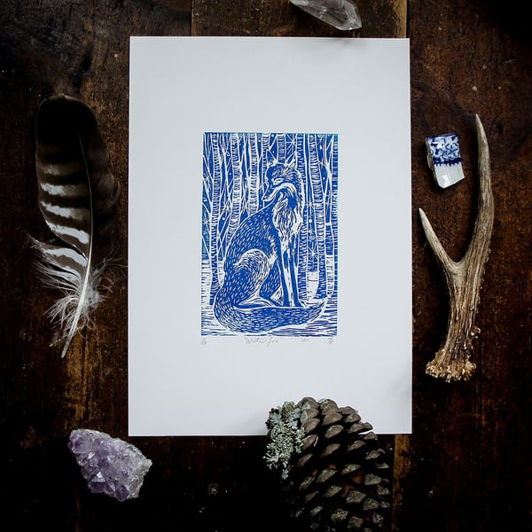 Winter Blue Fox Linocut Print