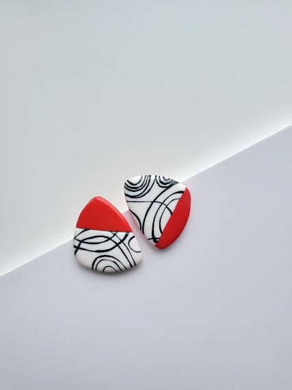 Handmade Polymer Clay Stud Earrings - Crimson Swirls