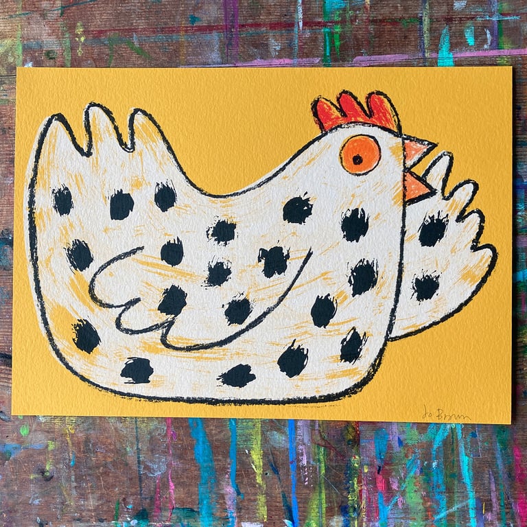 Happy Chicken original screen print by Jo Brown