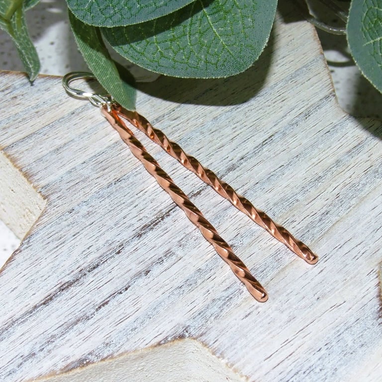 Earrings, Sterling Silver & Copper Long Elegant Spiral Twist Droppers