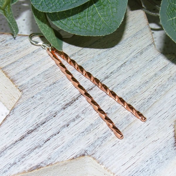 Earrings, Sterling Silver & Copper Long Elegant Spiral Twist Droppers